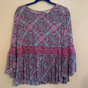 crown & ivy teal and pink blouse